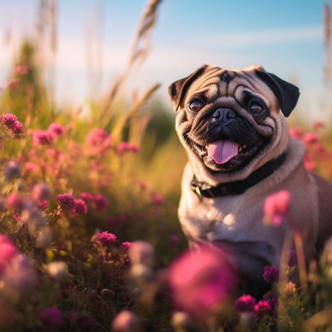 Ein Mops steht auf einer Sommerwiese und schaut in die Kamera