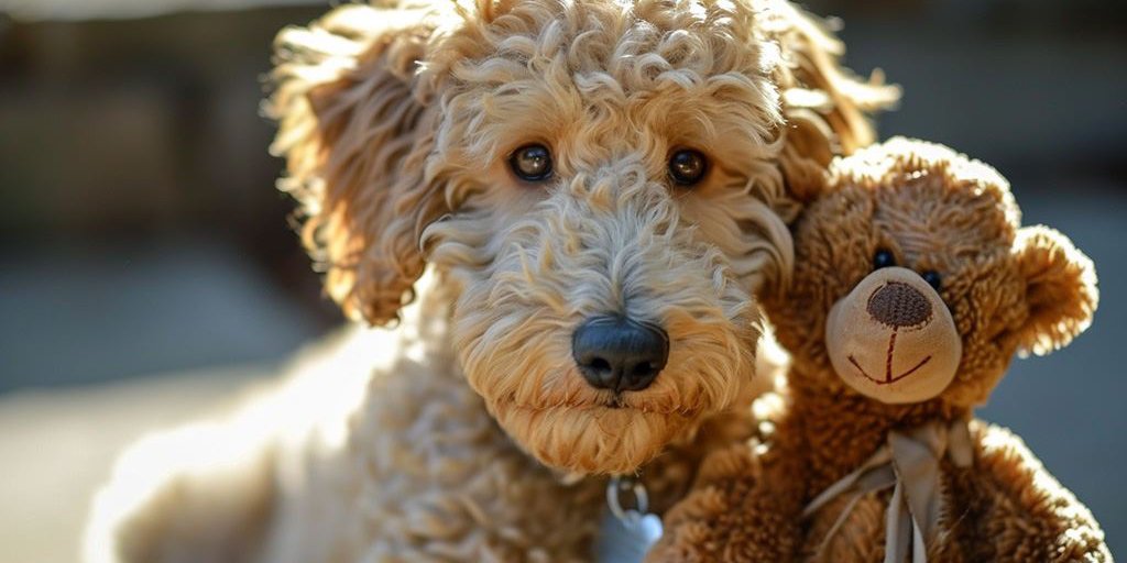 Ein hellbrauner Labradoodle liegt neben seinem Plüschteddy. Beide schauen in die Kamera