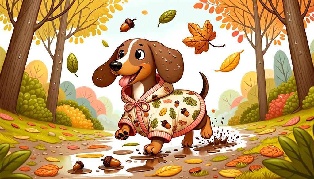 Illustration of a cheerful dachshund with a shiny wet coat, wearing a cute raincoat with a pattern of acorns and leaves