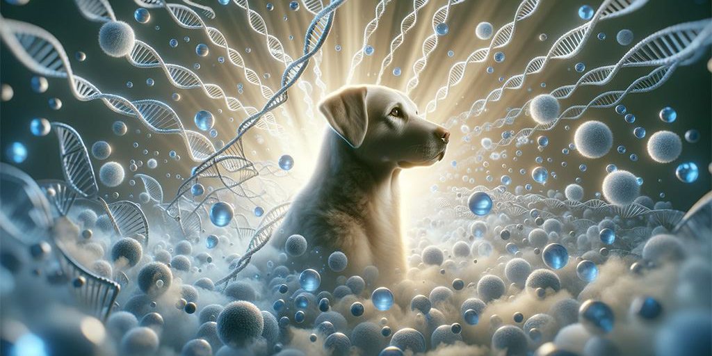 A dog surrounded by floating, glowing DNA sequences