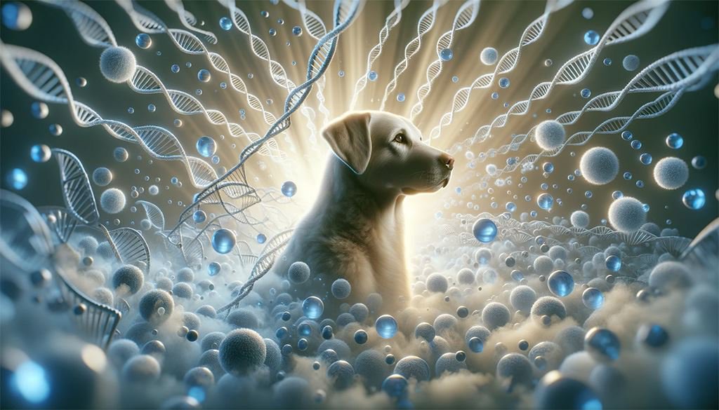 A dog surrounded by floating, glowing DNA sequences